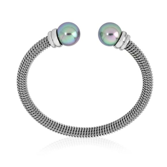 Majorica Jewelry - Majorica Women's Stainless Steel Rhodium Plated Bangle Bracelet Organic Pearl